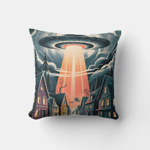 Coussin Illustration de rue nocturne d'enlèvement par OVNI
