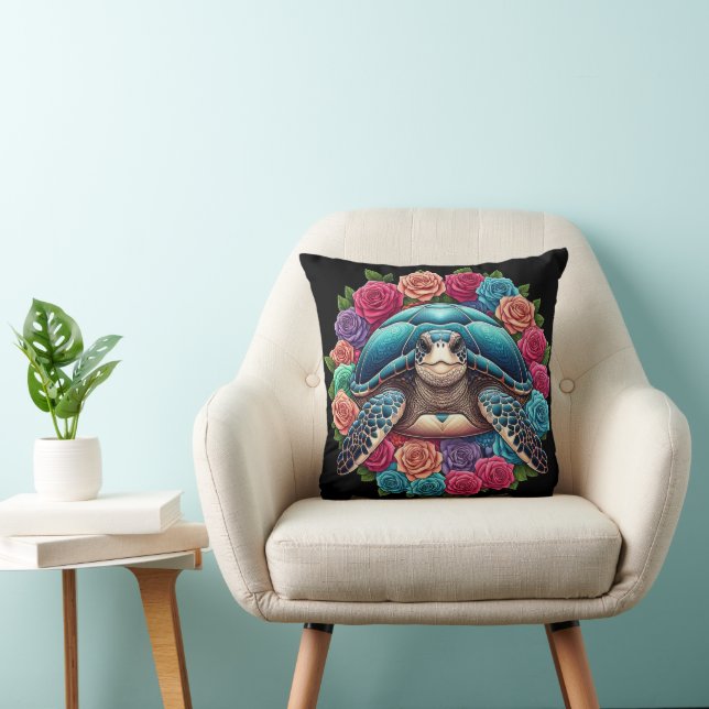 Coussin Illustration de tortue colorée entourée de Roses (Chaise)