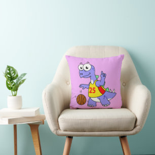 Coussin Illustration D'Un Stegosaurus Jouant Au Basket.