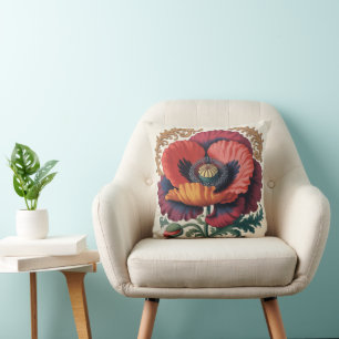 Coussin Illustration Florale Vintage Ornée aux Coquelicots