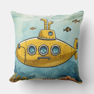 Coussin Illustration nautique de sous-marin jaune