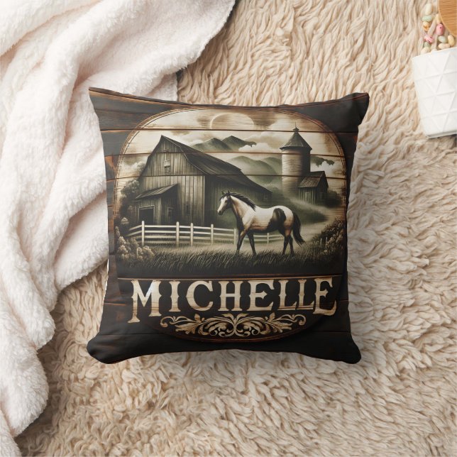 Coussin Illustration rustique de la grange et du cheval au (Couverture)