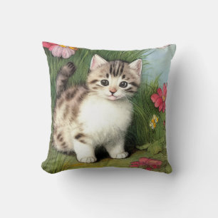 Coussin Illustration vintage de chat avec Fleurs rouges