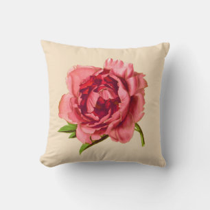 Coussin Illustration vintage d'une grande pivoine rose cor