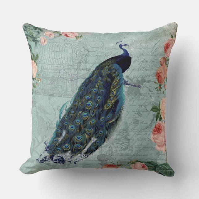 Coussin Illustration vintage Peacock et Rose (Recto)