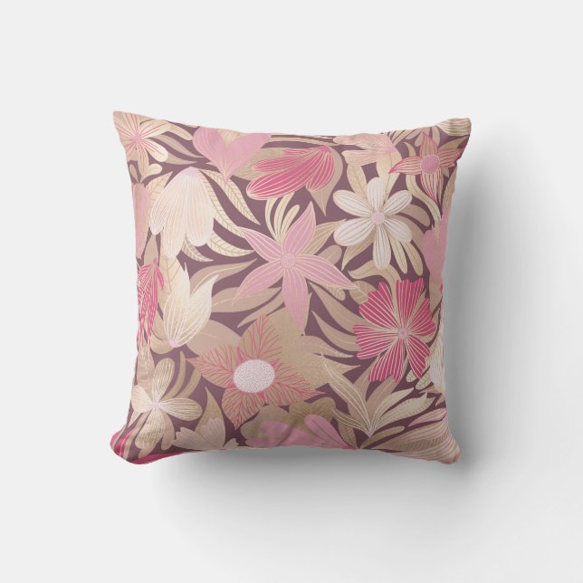 Coussin Illustrations Feuilles florales en Bourgogne rose  (Recto)