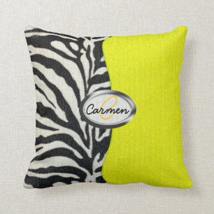 Coussin Image de copie de zèbre et de monogramme jaune au