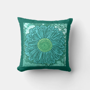 Coussin Impression de bloc de Marguerite de Gerbera, Aqua 
