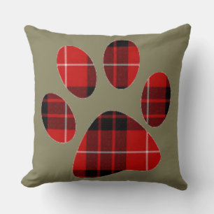 Coussin Impression de patte à carreaux tartan rouge et noi