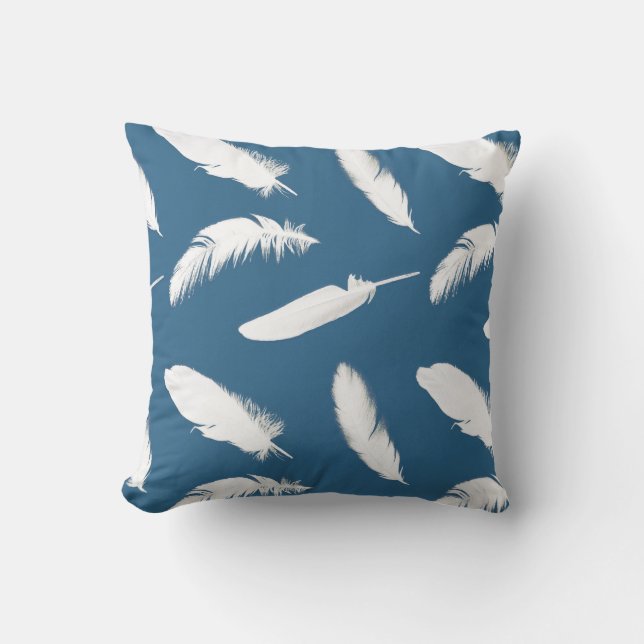 Coussin Impression en plumes blanches sur bleu denim (Recto)