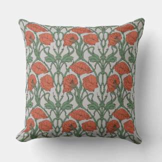 Coussin Impression florale Art Nouveau au coquelicot rouge