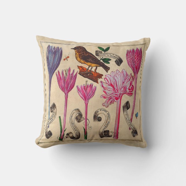 Coussin Impression florale botanique française antique (Recto)