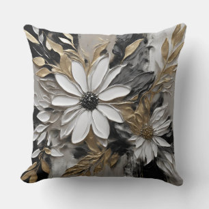 Coussin Impression florale noir blanc or