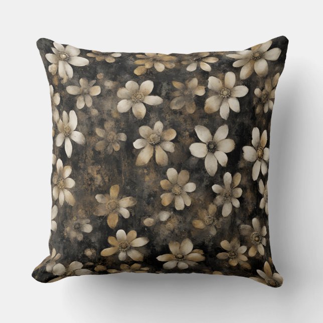 Coussin Impression Florale Noir Or Rustique Blanc (Recto)