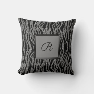 Coussin Imprimé zèbre monogramme noir gris argent tendance