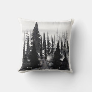 Coussin Imprimer l'aquarelle de la forêt de pin monochrome