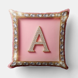 Coussin Initiale A Diamant Cadre Doré Paillettes Roses Mon