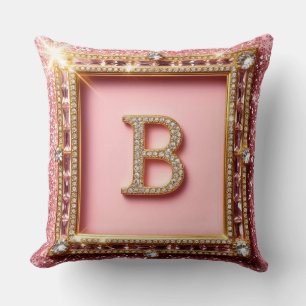 Coussin Initiale Diamant B Paillettes Roses Cadre Doré Mon