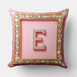Coussin Initiale Diamant E Cadre Doré Fond Pailleté Rose M