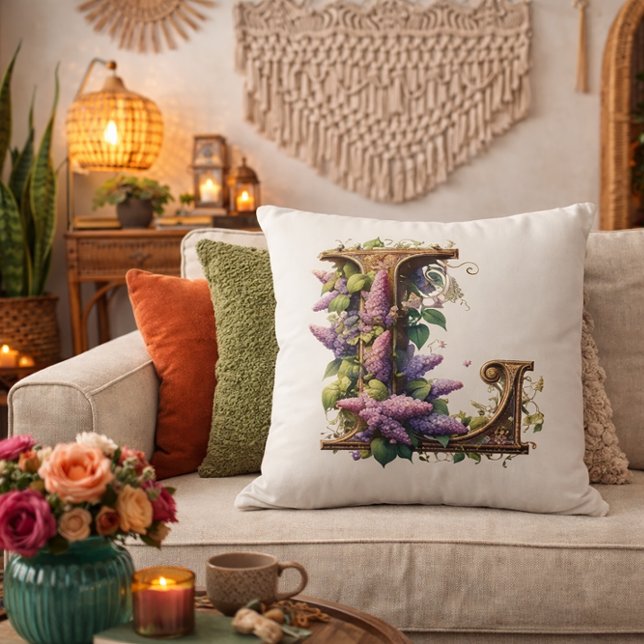 Coussin Initiale "L" - Élégante conception florale Lilac (Créateur téléchargé)