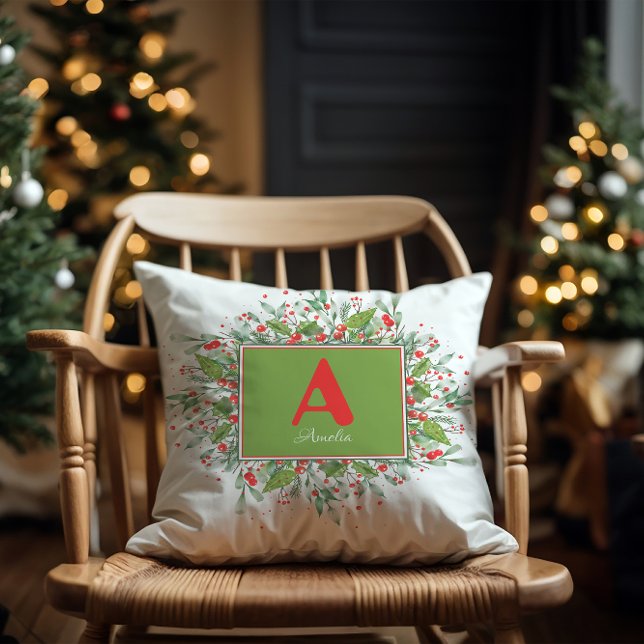 Coussin Initiale Noël vert rouge berrie (Créateur téléchargé)