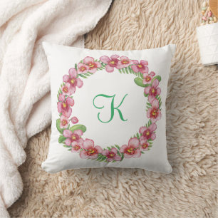 Coussin Initiales de monogramme Floral rose vert tendance 