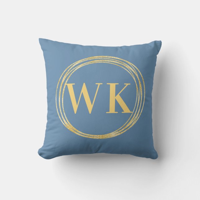 Coussin Initiales de Monogramme moderne Dusty Blue Gold Ce (Recto)