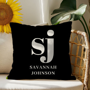 Coussin Initiales monogramme noir élégant 