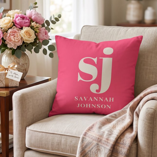 Coussin Initiales monogramme rose vif élégant  (Créateur téléchargé)