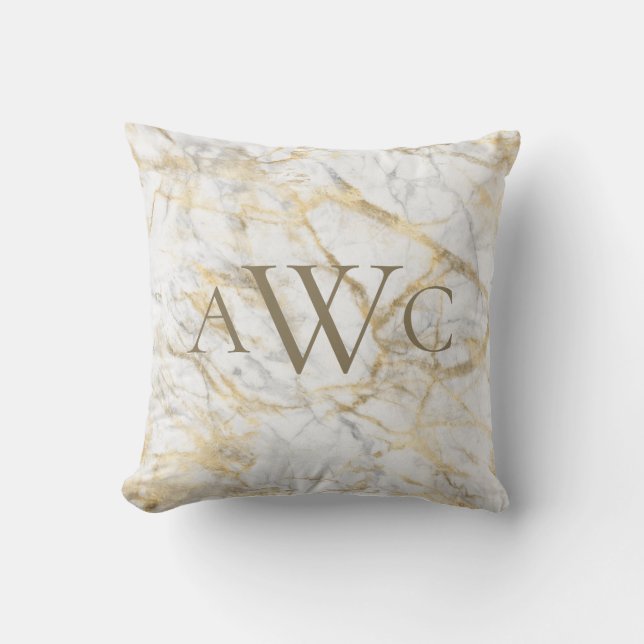 Coussin Initiales monogrammes or blanc gris marbre Cadeau (Recto)
