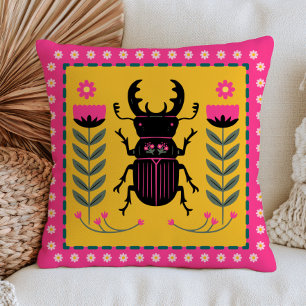 Coussin Insecte Coléoptère Noir sur Fleur Nature Jaune & R