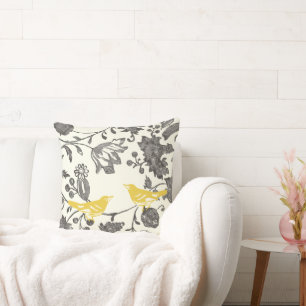 Coussin Inséparables Vintages floraux gris-jaune