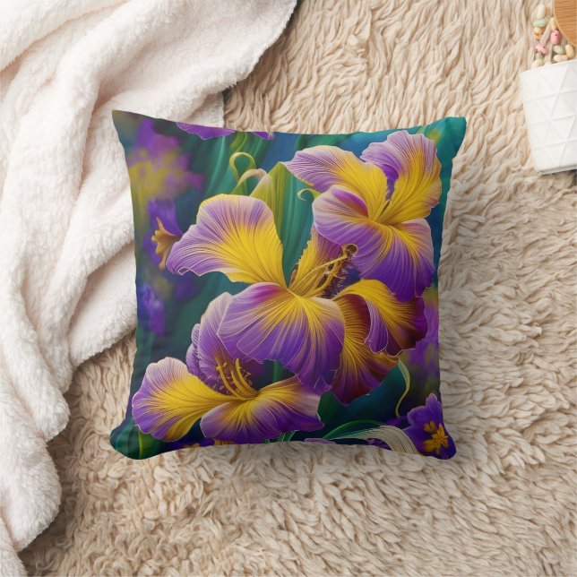 Coussin Iris Floral Violet et bleu or feuilles (Couverture)