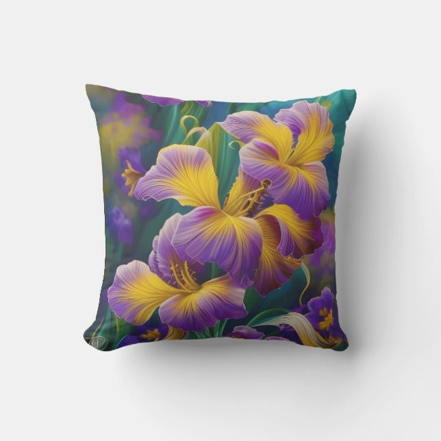 Coussin Iris Floral Violet et bleu or feuilles (Recto)