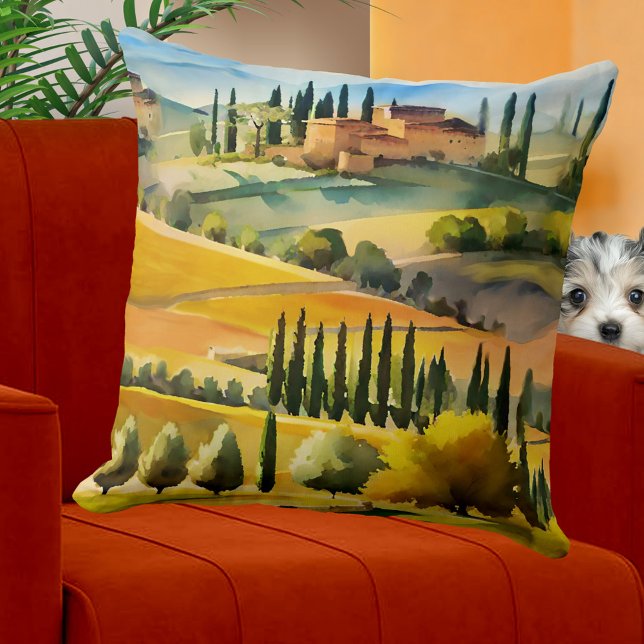 Coussin Italian Tuscan Watercolor Landscape (Pillow featuring a watercolor painting of an Italian Tuscan landscape.)