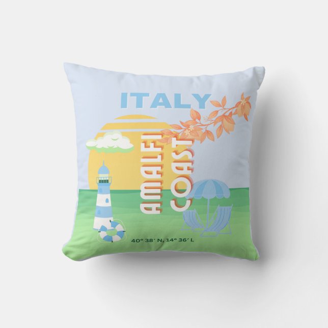Coussin Italie Travel Art, Côte d'Amalfi, Preppy, Bleu (Recto)