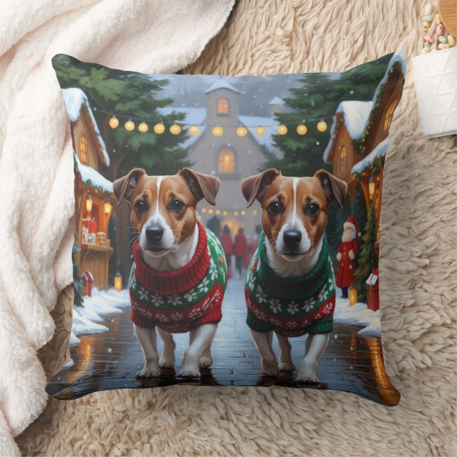 Coussin Jack Russell Dogs Christmas Snow Holiday (Couverture)