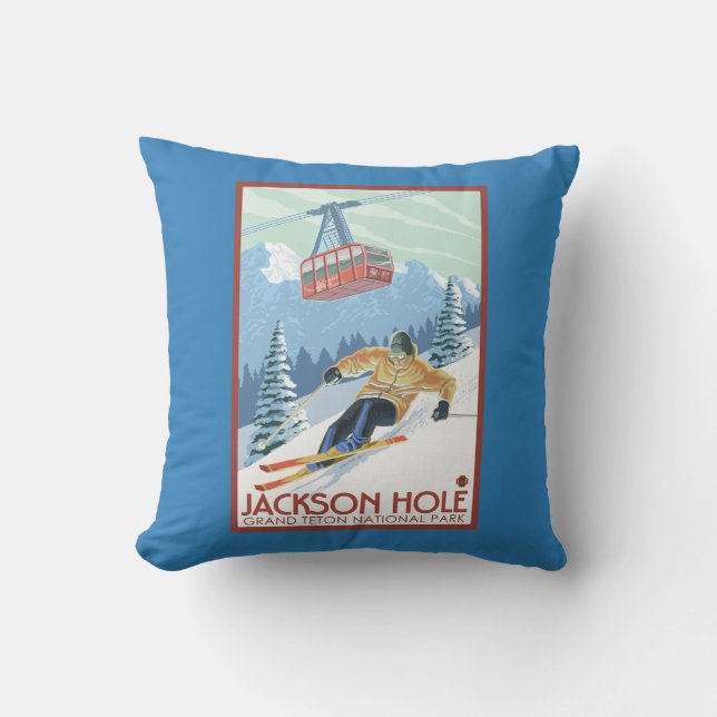 Coussin Jackson Hole, skieur du Wyoming et tram (Recto)