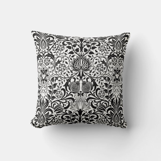 Coussin Jacobean Floral Damask, noir, blanc et gris (Recto)