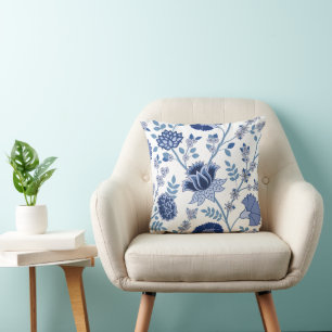 Coussin Jacobean Floral Lg Motif Bleu sur Blanc