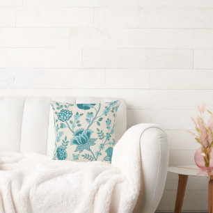 Coussin Jacobean Floral Lg Motif Teals sur Crème