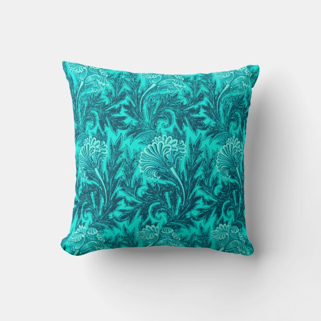 Coussin Jacobean Flower Damask, Turquoise et bleu Turquois (Recto)