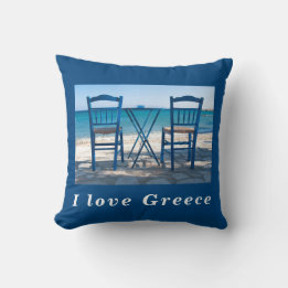 Coussin J'aime Grèce taverna photo bleu et blanc