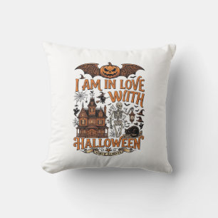 Coussin J'aime Halloween Maison Hantée Squelette Citrouill