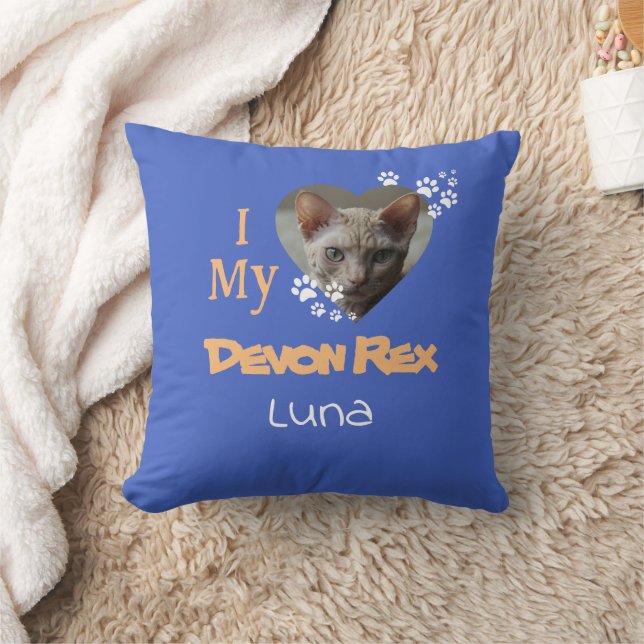 Coussin J'aime ma photo personnalisée de chat, nom et race (Couverture)