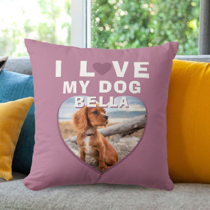 Coussin J'aime mon chien rose Coeur Photo Nom de l'animal