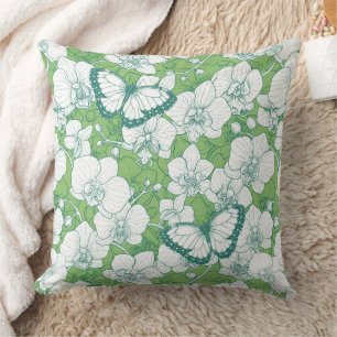 Coussin Jardin botanique d'orchidées avec papillons en ver