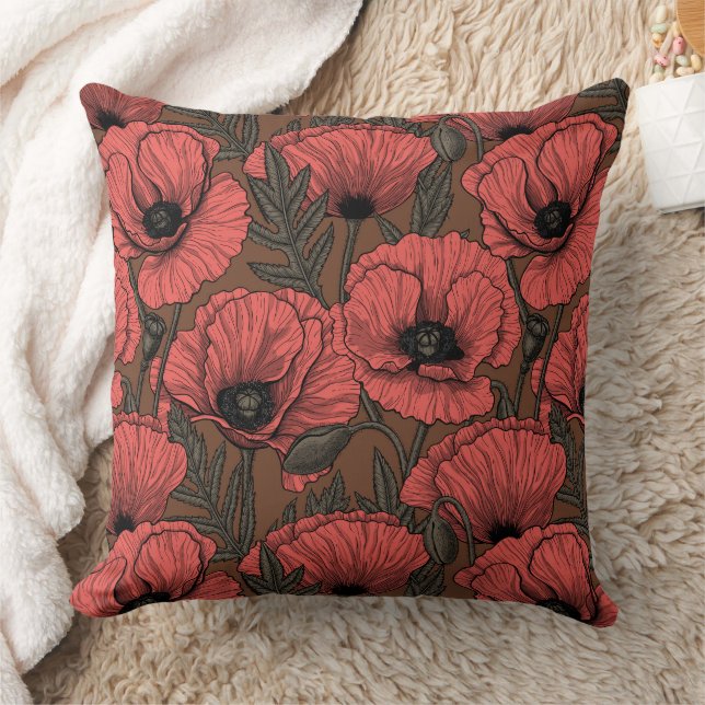 Coussin Jardin de coquelicot dans le corail et brun (Couverture)