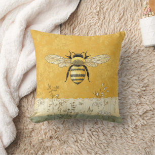 Coussin Jardin de fleurs sauvages à abeille à miel vintage
