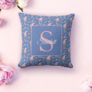 Coussin Jardin de lapin bleu motif Monogramme Nom
